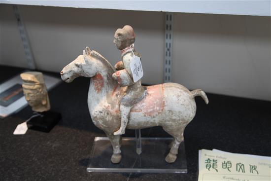 A Chinese pottery group of a horse and rider, Han dynasty, height 35cm, length 33.5cm